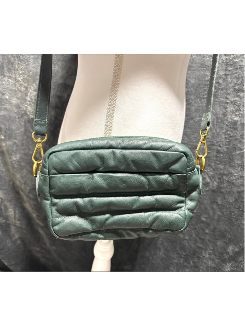 Madewell Transport Camera Bag Puff Edition Quilted Green Leather Crossbody
